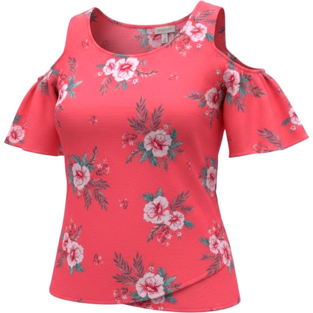 Pink Rose Small Cold Shoulder Top Womens Coral Floral Excellent